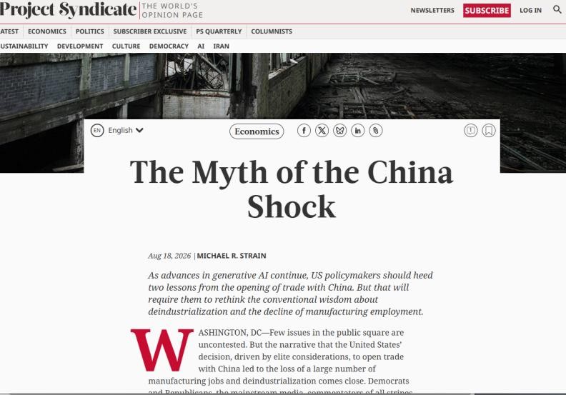 Una captura de pantalla del artículo «El mito del shock de China», publicado en el sitio web de Project Syndicate.