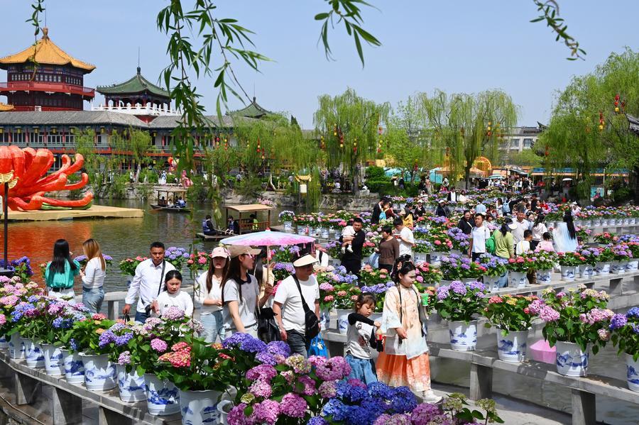 Turistas visitan el jardín cultural del Bosque de Estelas Hanyuan de la ciudad de Kaifeng, en la central provincia china de Henan, el 5 de abril de 2026. (Xinhua/Li Junsheng)